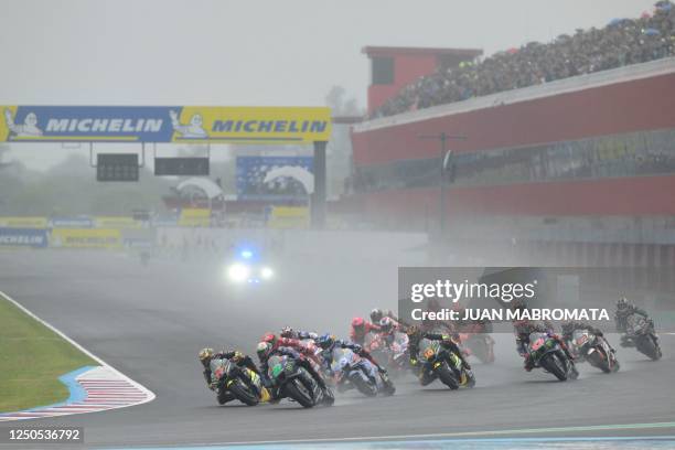 Riders take the first turn at the start of the Argentina Grand Prix MotoGP race, at Termas de Rio Hondo circuit, in Santiago del Estero, Argentina,...