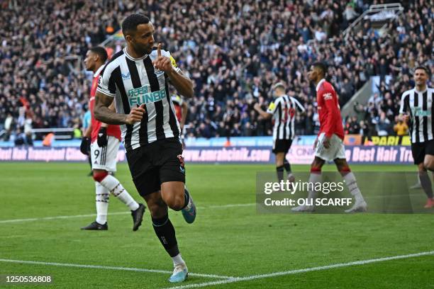 Newcastle United's English striker Callum Wilson celebrates after scoring their second goal during the English Premier League football match between...