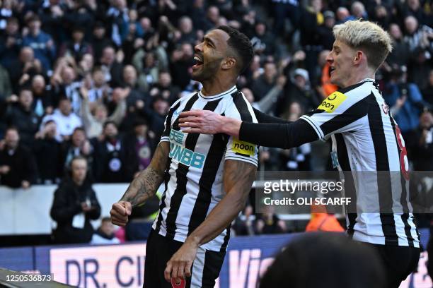 Newcastle United's English striker Callum Wilson celebrates after scoring their second goal during the English Premier League football match between...