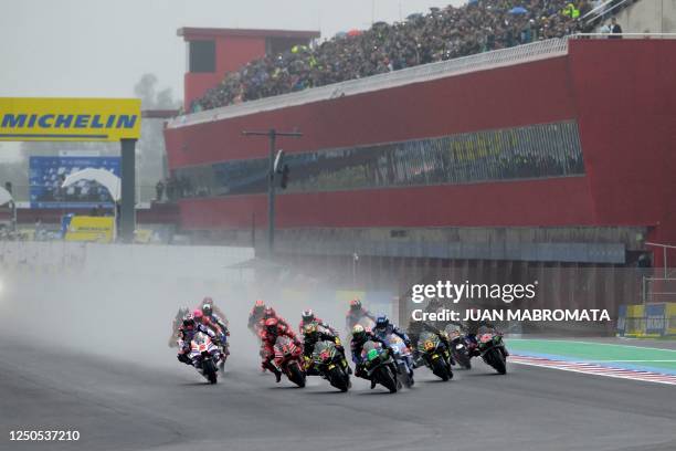 Riders take the first turn at the start of the Argentina Grand Prix MotoGP race, at Termas de Rio Hondo circuit, in Santiago del Estero, Argentina,...