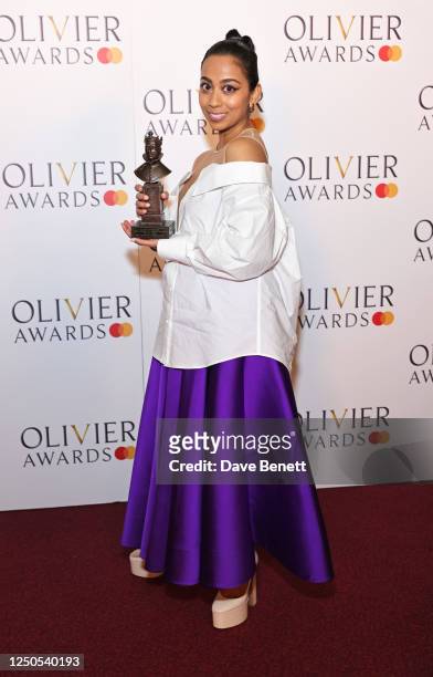 Anjana Vasan, winner of the Best Actress In A Supporting Role award for "A Streetcar Named Desire", poses in the winner's room at The Olivier Awards...