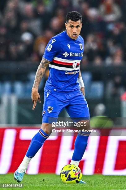 Jeison Murillo of Sampdoria is seen in action during the Serie A match between AS Roma and UC Sampdoria at Stadio Olimpico on April 2, 2023 in Rome,...