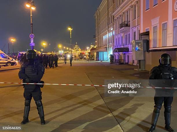 Russian forces take security measures in the area where the explosion in which 1 person died in Saint-Petersburg, Russia on April 02, 2023. According...