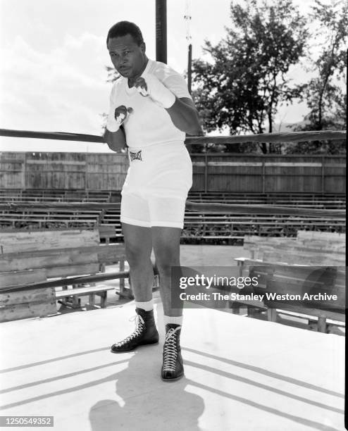 Light heavyweight professional boxer Archie Moore of the United States poses for a portrait in the ring circa 1956 in the Bronx, New York. Moore was...