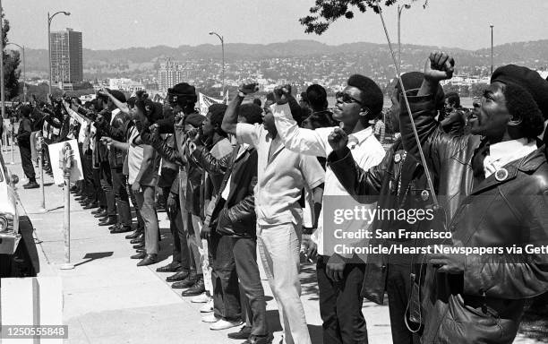 Demonstrators rally outside the Alameda County Courthouse in Oakland, Calif. During the Huey Newton murder trial on July 17, 1968. Newton, a...