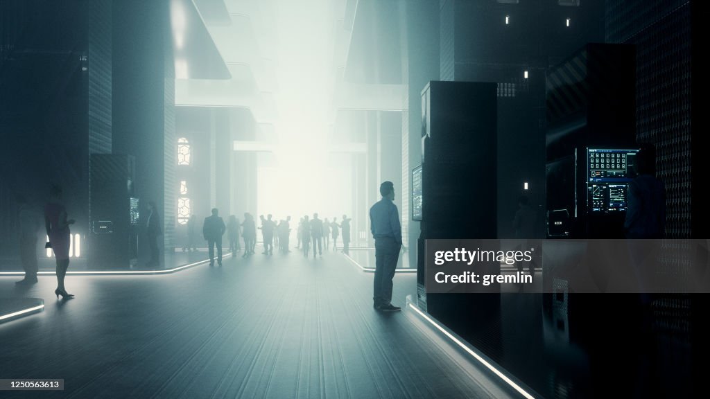 People silhouettes in futuristic street
