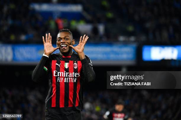 Milan's Portuguese forward Rafael Leao celebrates after opening the scoring during the Italian Serie A football match between SSC Napoli and AC Milan...