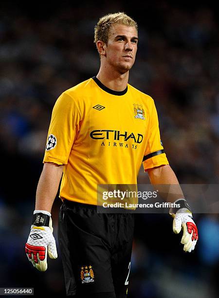 Joe Hart of Manchester City looks on during the UEFA Champions League Group A match between Manchester City and SSC Napoli at the Etihad Stadium on...