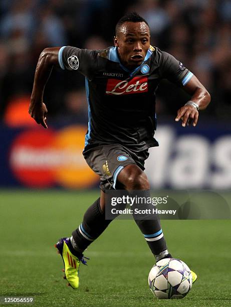 Juan Camilo Zuniga of Napoli in action during the UEFA Champions League Group A match between Manchester City and SSC Napoli at the Etihad Stadium on...