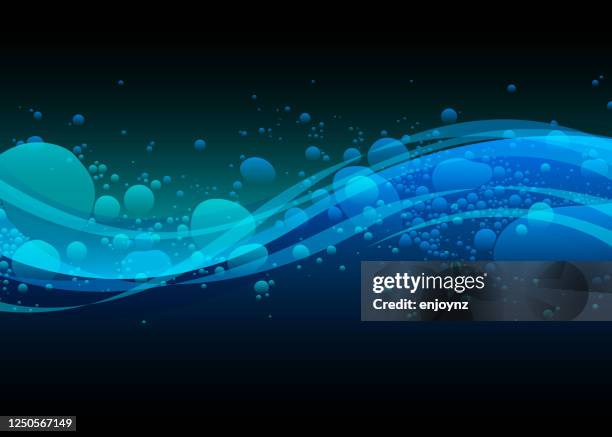 blue wave flow background - water bubbles on black stock illustrations