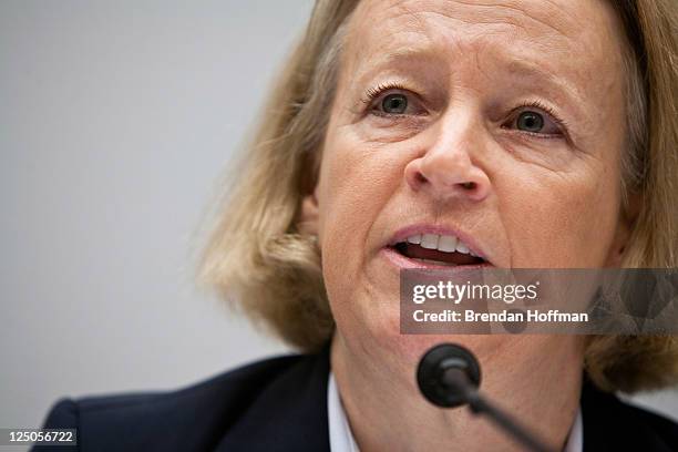 Mary Schapiro, chairperson of the Securities and Exchange Commission, testifies at a hearing on Capitol Hill on September 15, 2011 in Washington, DC....