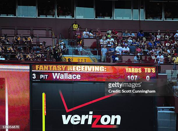 Fantasy football statistics are shown on the scoreboard during the game between the Washington Redskins and the New York Giants at FedEx Field on...