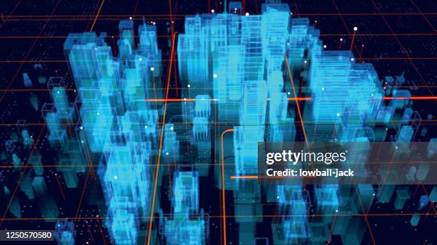 holographic city map. futuristic city. blue neon silhouette city. digital cityscape background. business technology concept. vector stock illustration. - hologram stock illustrations