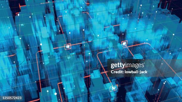 ilustrações de stock, clip art, desenhos animados e ícones de holographic city map. futuristic city. blue neon silhouette city. digital cityscape background. business technology concept. vector stock illustration. - torre estrutura construída