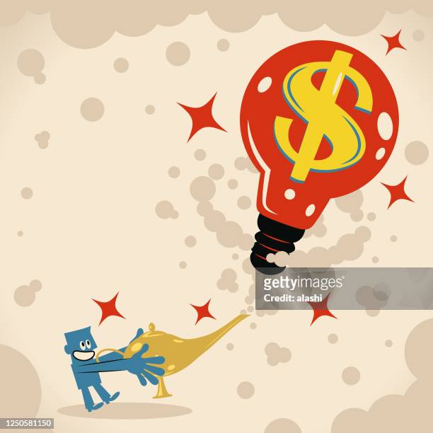 smiling businessman is rubbing his magic lamp and then this super great idea light bulb that has dollar sign (us currency) is coming out - aladdin stock illustrations