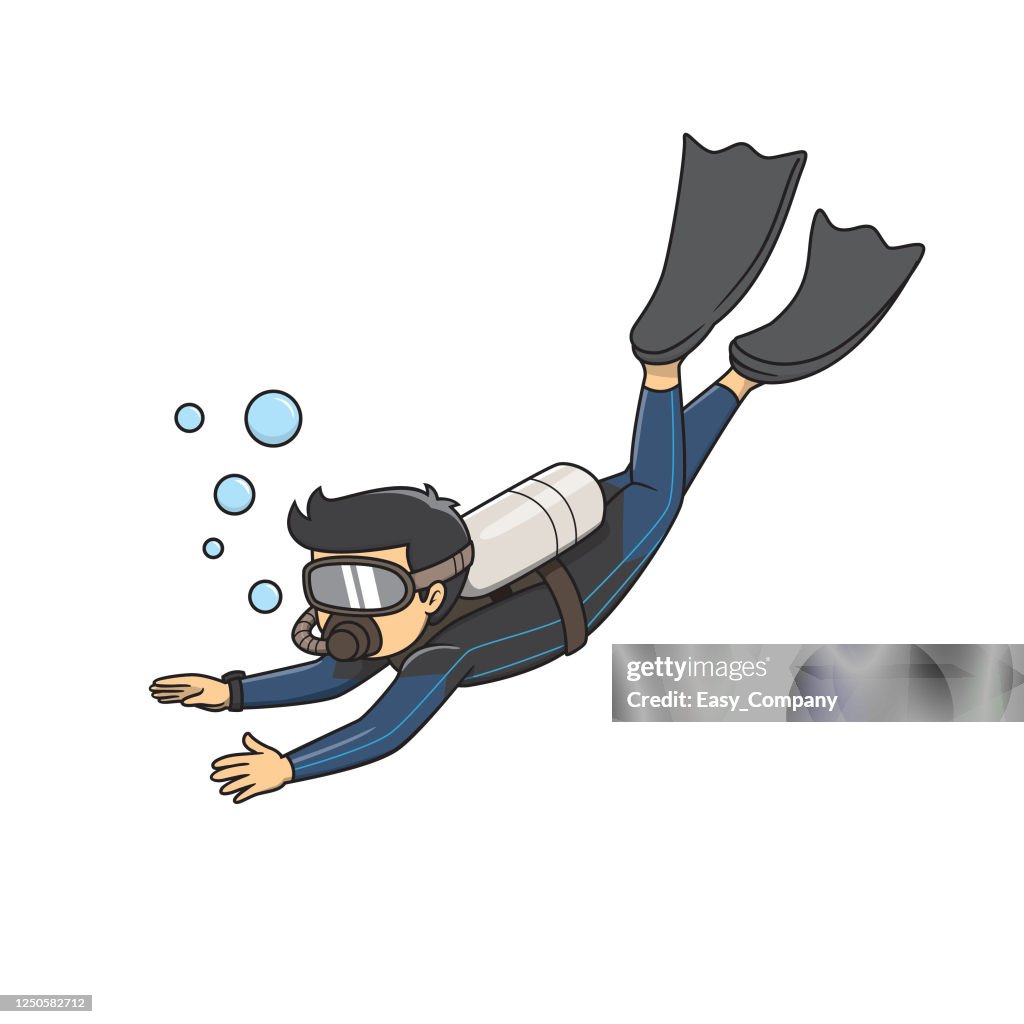 Cartoon Drawing Young Men Are Scuba Diving By Wearing Diving Mask Orange  Trousers And Fins High-Res Vector Graphic - Getty Images