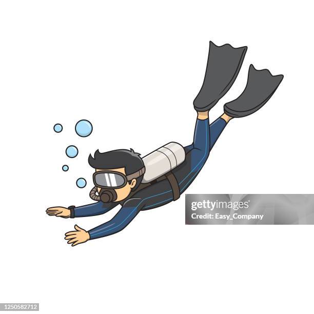 cartoon drawing young men are scuba diving by wearing diving mask orange trousers and fins. - aqualung diving equipment stock illustrations