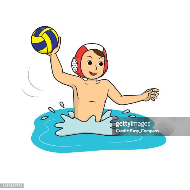 male water polo athletes are stretching their hands to throw the ball in the water in the water polo competition. - polo stock illustrations