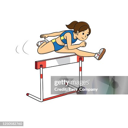 Dessin d’illustrateur, athlète femelle utilisant la robe bleue, courant sur des obstacles dans des compétitions sportives. Dessin d’illustrateur, athlète femelle utilisant la robe bleue, courant sur des obstacles dans des compétitions sportives.