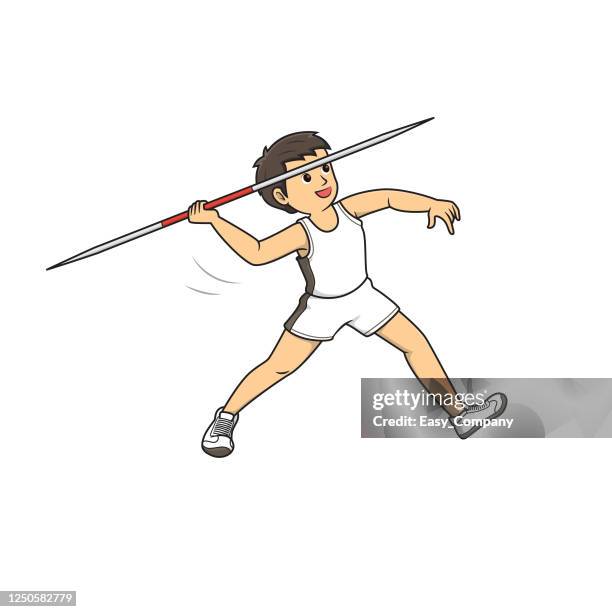 illustrator zeichnung männlichen athleten tragen weißes kleid spielen sport speer in sportwettkämpfe. - javelin stock-grafiken, -clipart, -cartoons und -symbole