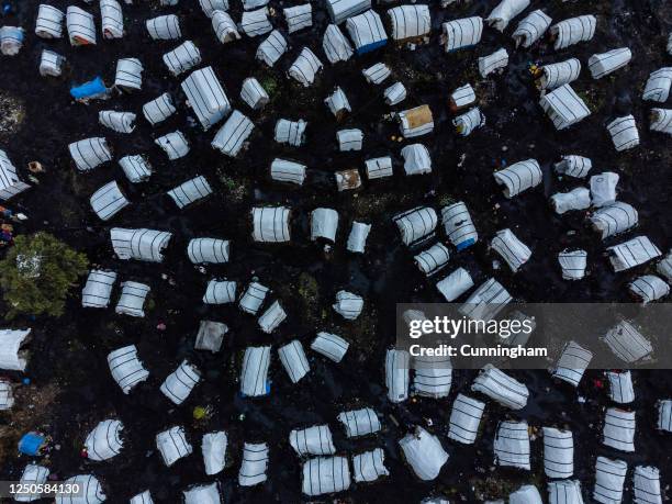 An aerial view of shelters of displaced civilians at Bulengo displacement camp, April 02, 2023 in Goma, Democratic Republic of Congo. M23 rebels have...