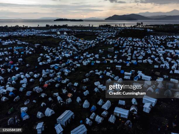 An aerial view of Lake Kivu and shelters of displaced civilians at Bulengo displacement camp, April 02, 2023 in Goma, Democratic Republic of Congo....