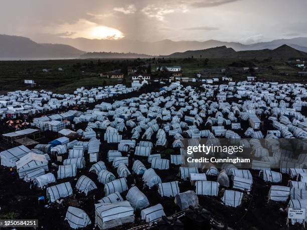 An aerial view of shelters of displaced civilians at Bulengo displacement camp, April 02, 2023 in Goma, Democratic Republic of Congo. M23 rebels have...