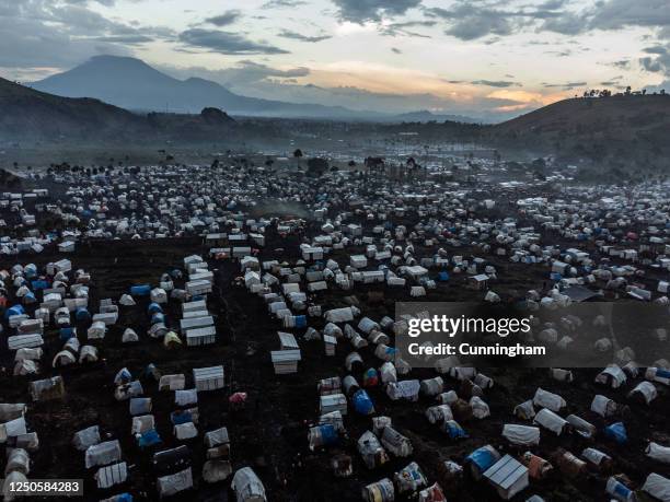 An aerial view of shelters of displaced civilians at Bulengo displacement camp, April 02, 2023 in Goma, Democratic Republic of Congo. M23 rebels have...