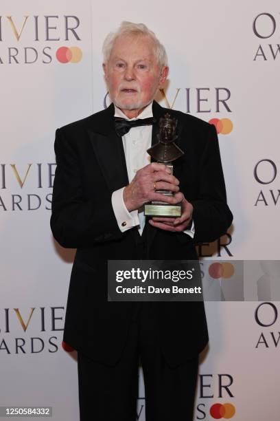 Sir Derek Jacobi, winner of the Lifetime Achievement award, poses in the winner's room at The Olivier Awards 2023 at Royal Albert Hall on April 2,...