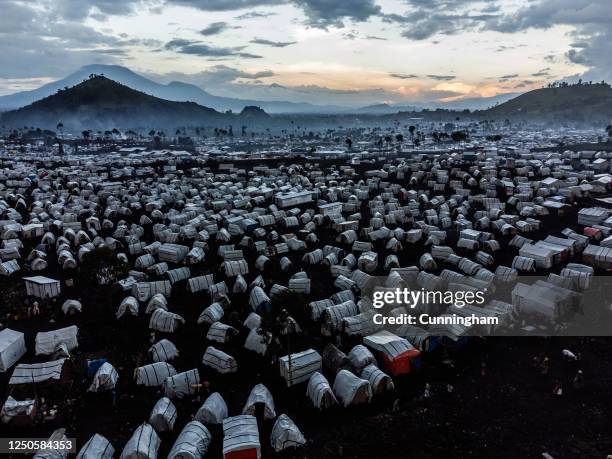 An aerial view of shelters of displaced civilians at Bulengo displacement camp, April 02, 2023 in Goma, Democratic Republic of Congo. M23 rebels have...