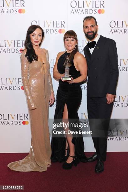 Helen George, Vikki Stone and Matthew Xia aka Excalibah, winners of the Best Family Show award for "Hey Duggee: The Live Theatre Show", pose in the...
