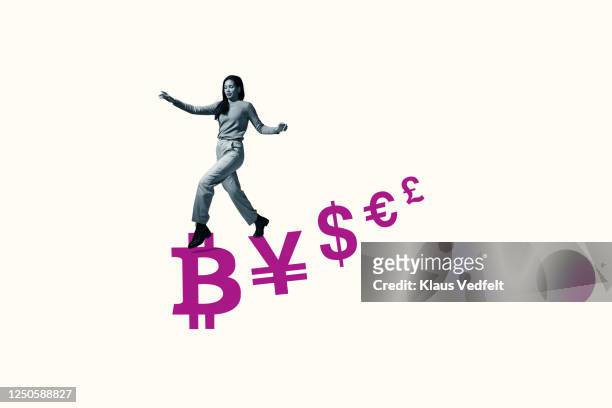 young woman moving from currencies in stealth mode - libra cryptocurrency fotografías e imágenes de stock