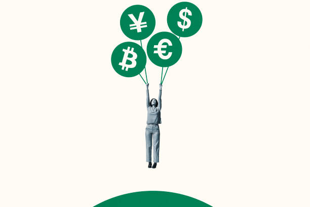 woman hanging from green currency symbol balloons
