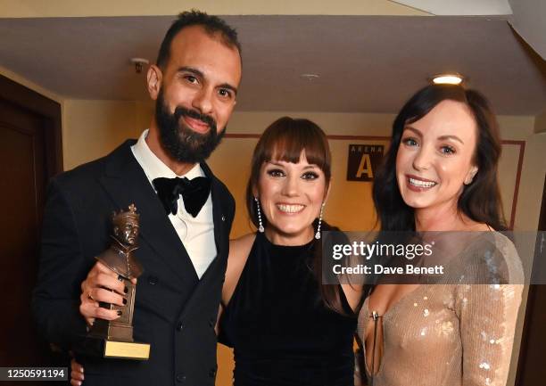 Matthew Xia aka Excalibah, Vikki Stone and Helen George, winners of the Best Family Show award for "Hey Duggee: The Live Theatre Show", pose...