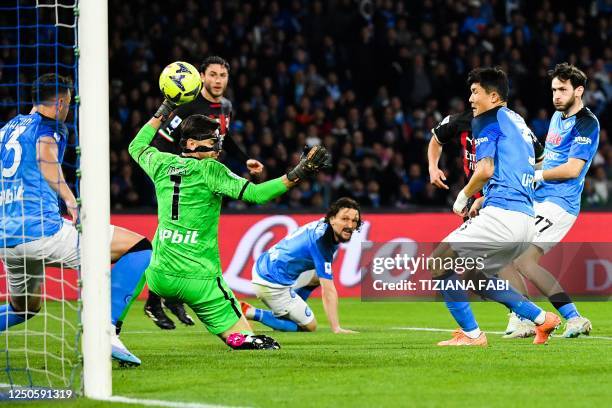 Napoli's Italian goalkeeper Alex Meret concedes his side's second goal during the Italian Serie A football match between SSC Napoli and AC Milan on...