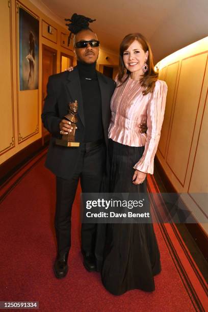 Ivan Blackstock, winner of the Best New Dance Production award for "Traplord", and Dame Darcey Bussell pose backstage at The Olivier Awards 2023 at...