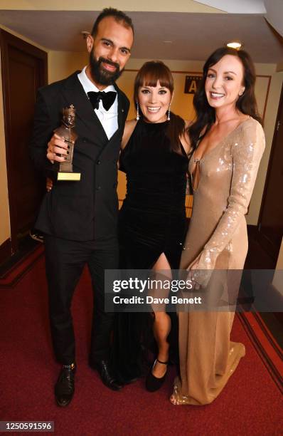 Matthew Xia aka Excalibah, Vikki Stone and Helen George, winners of the Best Family Show award for "Hey Duggee: The Live Theatre Show", pose...