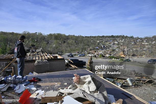 View of the area after the tornado covering a path of dozens of miles in length caused severe damage in Little Rock, Arkansas, United States on April...
