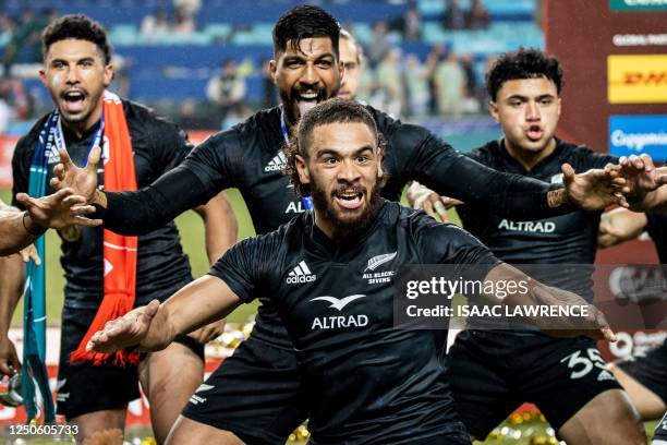 New Zealand perform the Haka after defeating Fiji in the final on the third day of the Hong Kong Sevens rugby tournament on April 2, 2023.