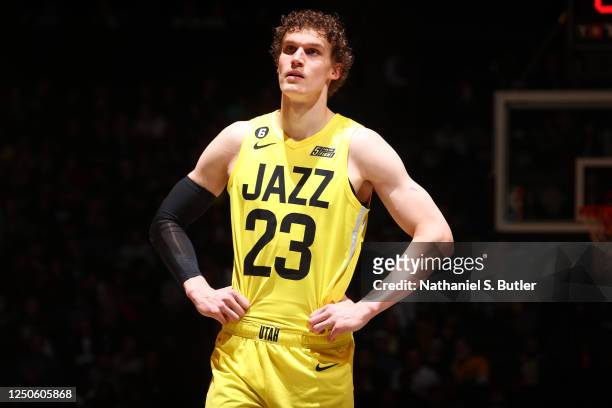 Lauri Markkanen of the Utah Jazz looks on during the game against the Brooklyn Nets on April 2, 2023 at Barclays Center in Brooklyn, New York. NOTE...