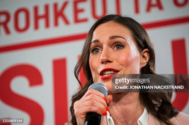 Social Democratic Party SDP chair and Finnish Prime Minister Sanna Marin gives her speech to supporters at the SDP election party event following the...