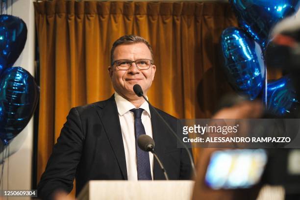 The National Coalition Chairman Petteri Orpo gives speaks to supporters at the party's parliamentary election party, following the Finnish...