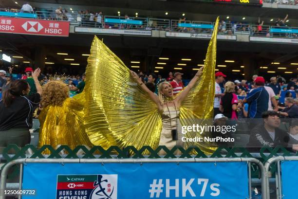 Fan is showing off her costume during the Hong Kong Sevens in Hong Kong, China on April 1, 2023.