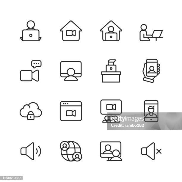 ilustrações de stock, clip art, desenhos animados e ícones de video conferencing line icons. editable stroke. pixel perfect. for mobile and web. contains such icons as camera, video chat, online messaging, video conference, webinar, remote work, teamwork, remote learning, freelancer, work from home. - conferencia