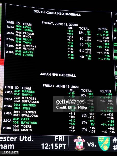 Betting lines for the Korea Baseball Organization and Nippon Professional Baseball league are displayed at the Race & Sports SuperBook at the...