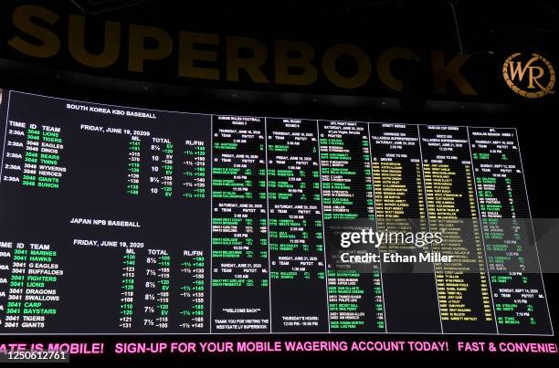 Betting lines are displayed at the Race & Sports SuperBook at the Westgate Las Vegas Resort & Casino, which features new screens on its entire...