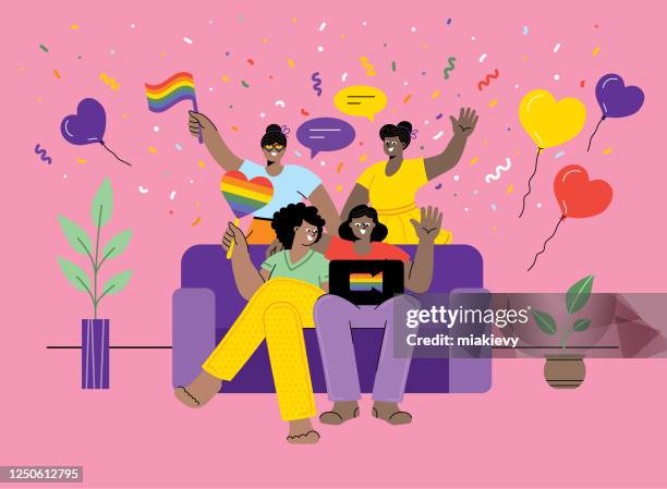 ilustraciones, imágenes clip art, dibujos animados e iconos de stock de celebrando el orgullo en casa - gay couple
