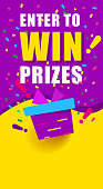 Bright vertical banner with text, enter to win prizes. gift box on yellow