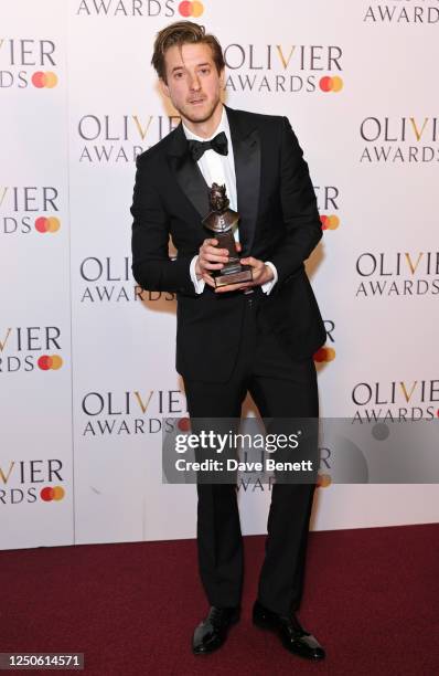 Arthur Darvill, winner of the Best Actor in a Musical award for "Rodgers & Hammerstein's Oklahoma!", poses in the winner's room at The Olivier Awards...