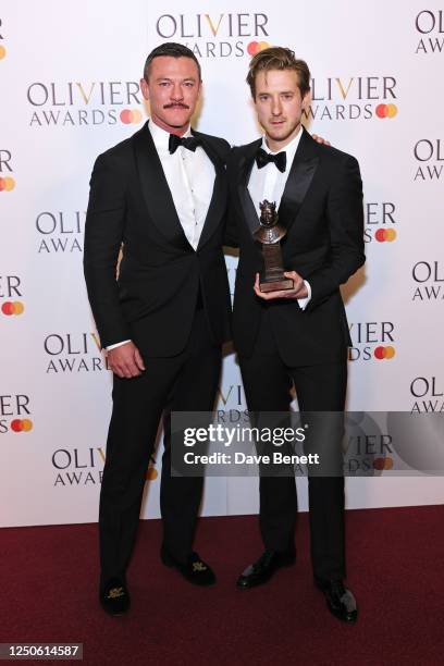 Luke Evans and Arthur Darvill, winner of the Best Actor in a Musical award for "Rodgers & Hammerstein's Oklahoma!", pose in the winner's room at The...